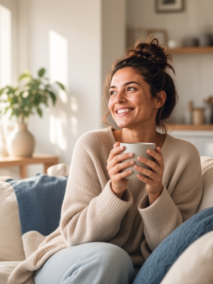 A person at home in morning light, pausing with a mug before asking for help with a household need.